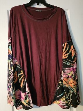 Burgundy Tunic with Tropical Print Panels